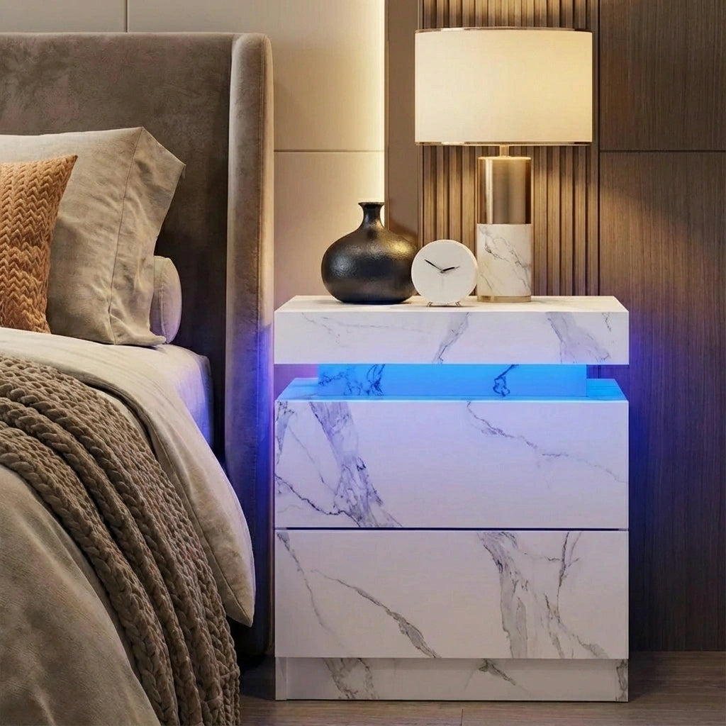 Carrara LED Marble Style Bedside Table | Modern Extra Storage Lift Top Nightstand