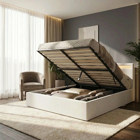 Premium Milano White PU Leather LED Gas Lift Storage Bed | Two In One White Bed Frame and Storage Combo