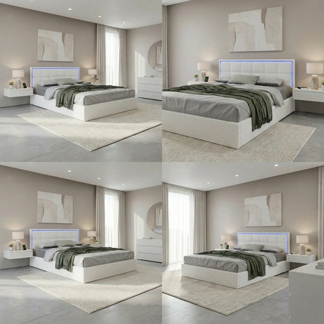 Neom Luxe Teddy Boucle Padded LED Bed Frame | Modern White Boucle Gas Lift Storage Bed with LED Lighting