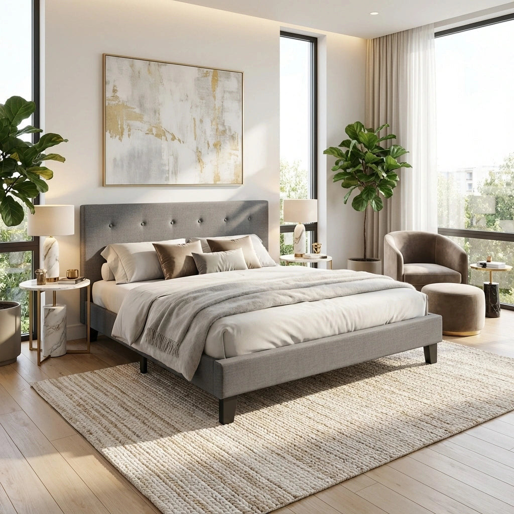 Piazzi Duomo Tuffted Grey Fabric Modern Bed | High Quality Sturdy Modern Slimline Bed Frame