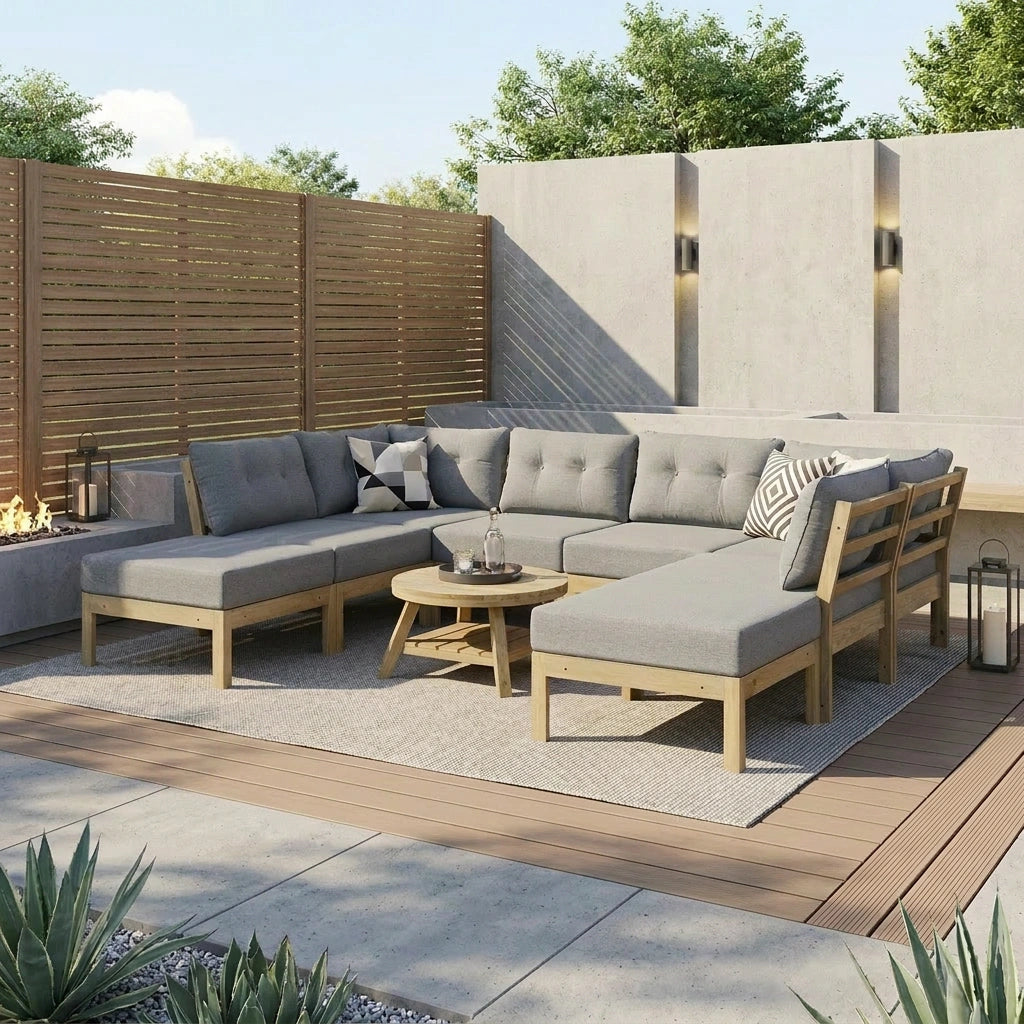 Playa Orsini Wooden Outdoor Lounge Set with Table | Modern Grey Cushion Outdoor Lounge Set