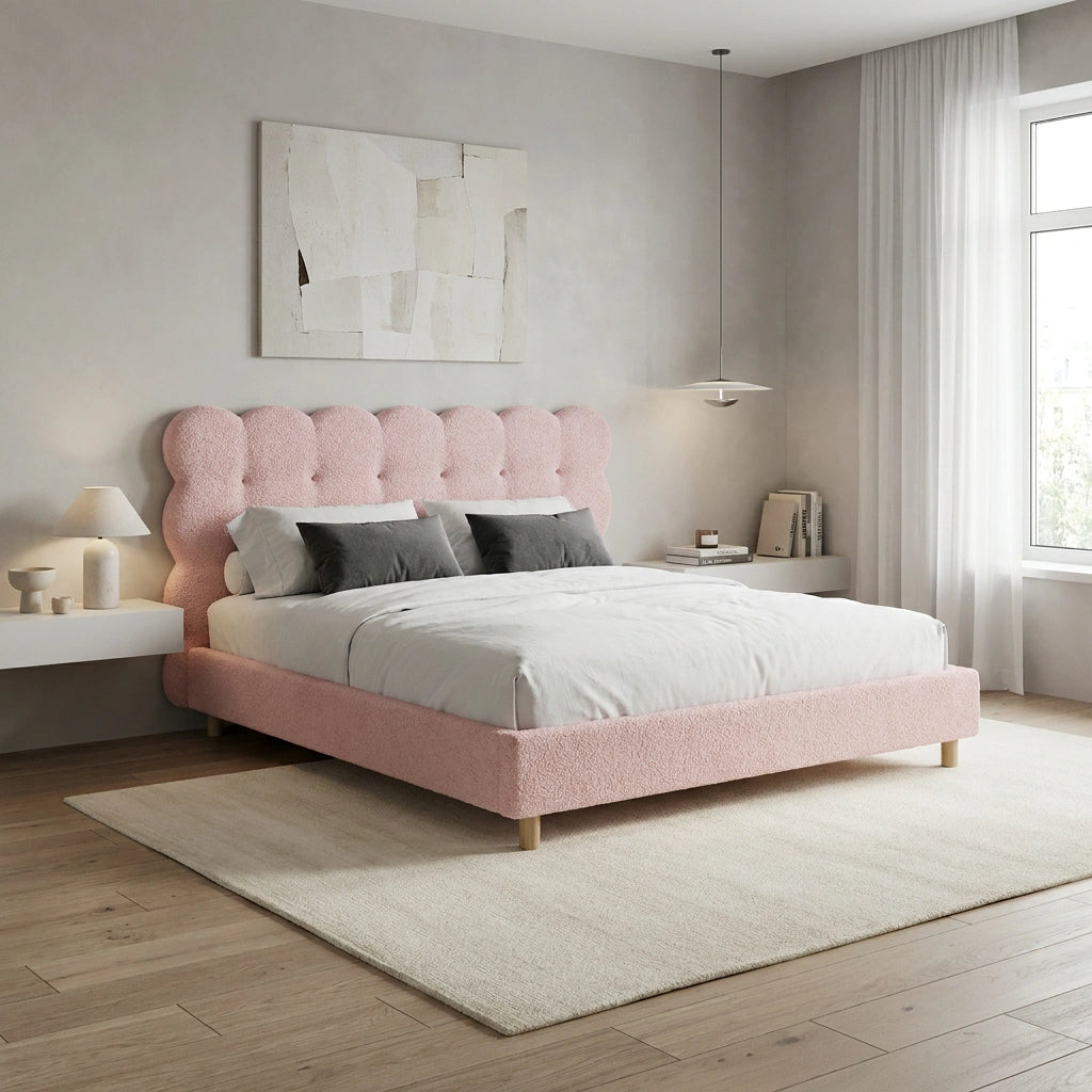 Millie Tuffted Pink Clouds Soft Boucle Fabric Bed | Cushioned Touch Pink Upholstered Boucle Bed Frame