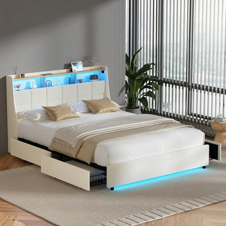 Amaro Beige LED Storage Bed with USB Charging | Fabric Headboard Storage LED Lights Bed Frame