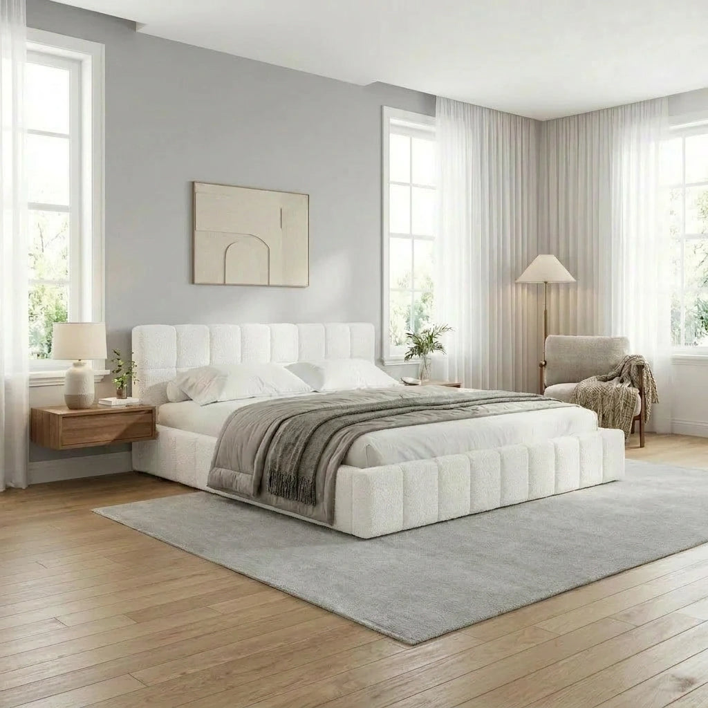Botelia White Boucle Low Profile Bed Frame| Luxurious Tufted Premium Fabric Ground Bed