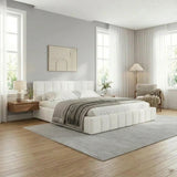 Botelia White Boucle Low Profile Bed Frame| Luxurious Tufted Premium Fabric Ground Bed