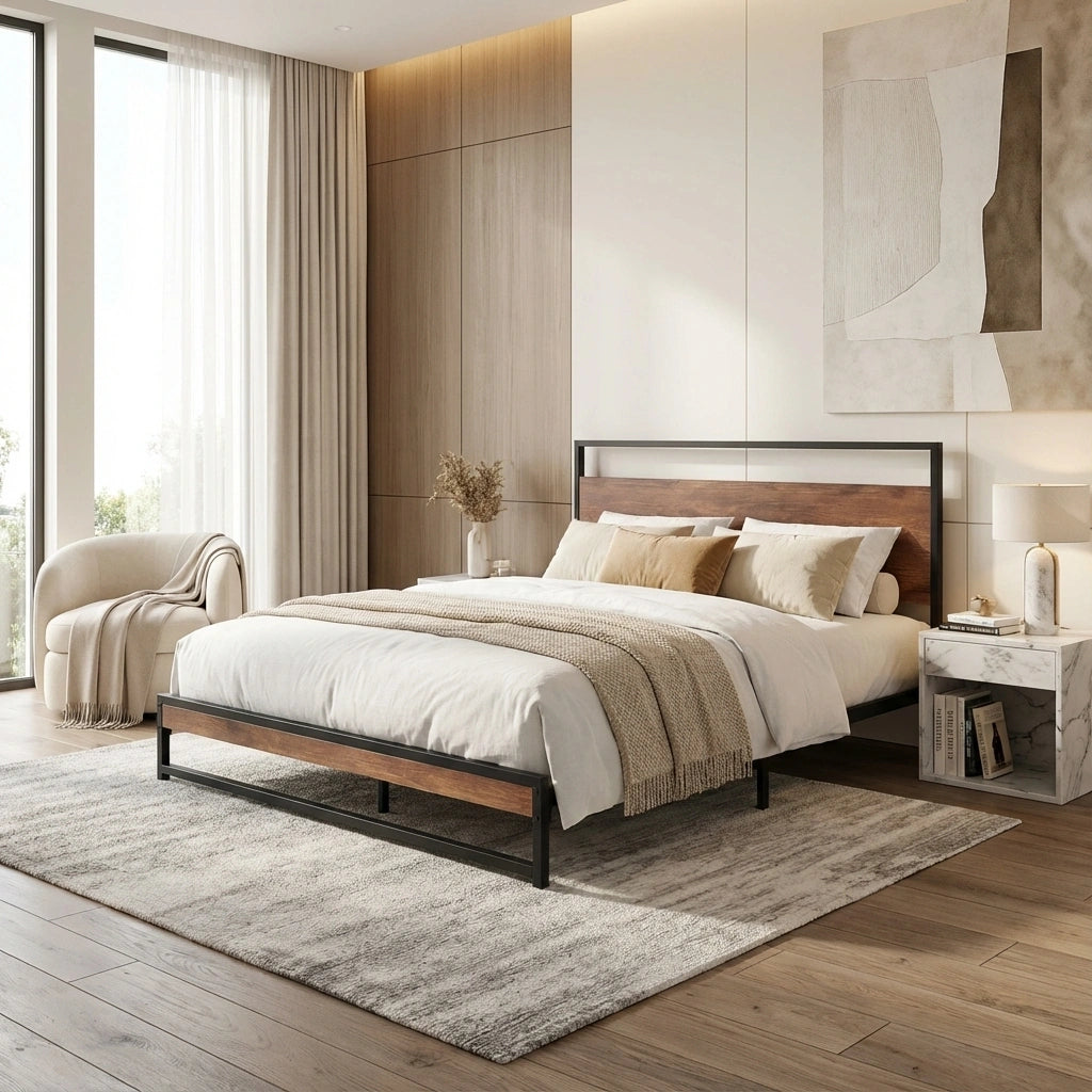 Isco Modern Metal and Wood Bed | Strong Metal Support Platform Bed Frame