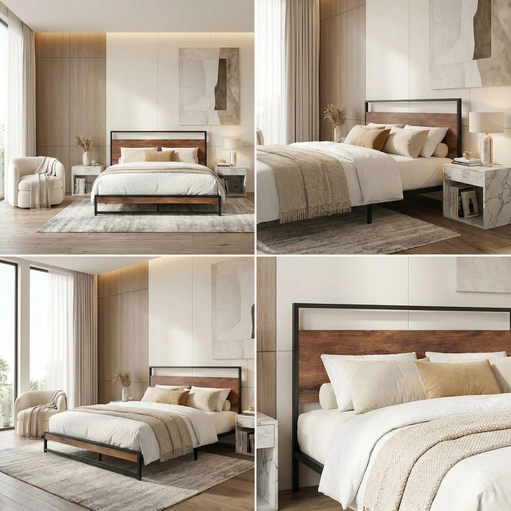 Isco Modern Metal and Wood Bed | Strong Metal Support Platform Bed Frame