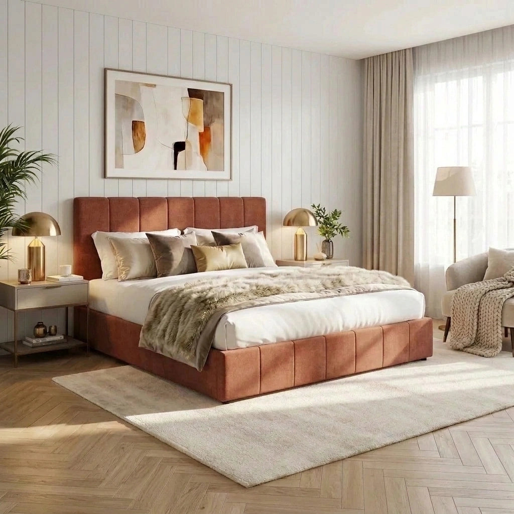Premium Milano Rust Soft Fabric Gas Lift Storage Bed | Two In One Bed and Storage Combo Bed Frame