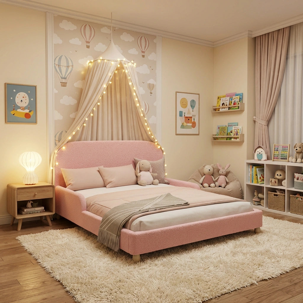Teddy Leo Winged Soft Boucle Kids Bed | Cushioned Premium Boucle Fabric Childrens Bed Frame