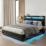 Nero LED Gas Lift Storage Bed with USB Charging | PU Leather Black LED Lights Bed Frame Dual Storage