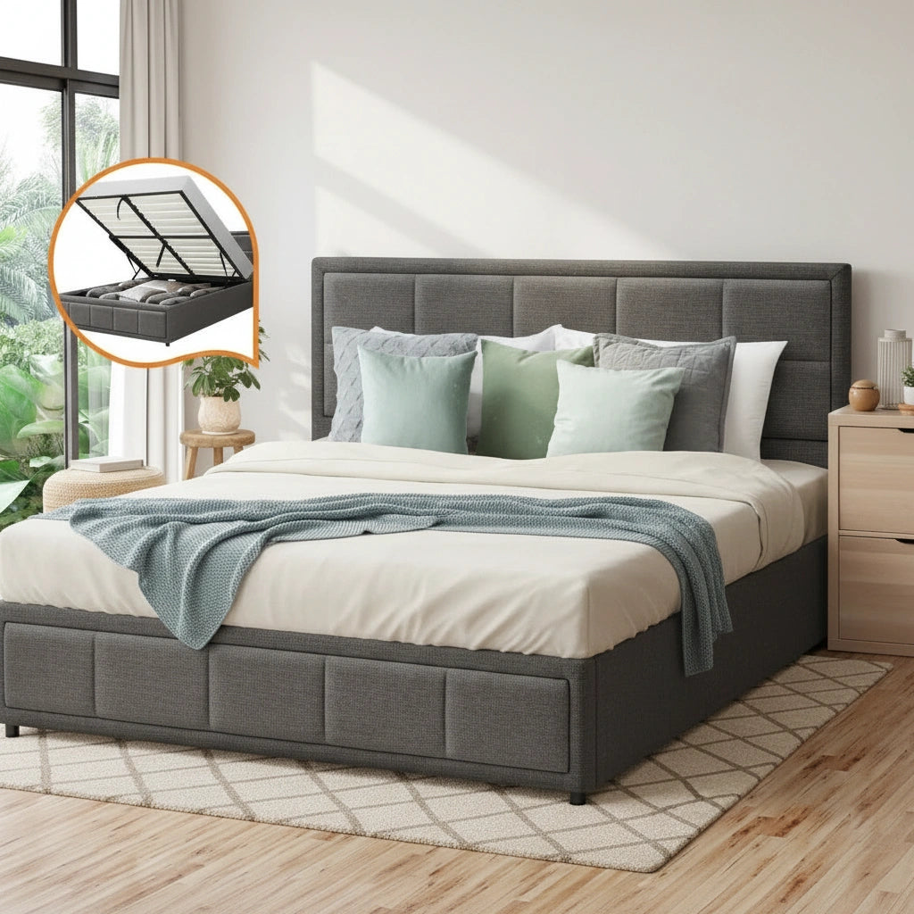 Teddy Milo Grey Fabric Deluxe Gas Lift Storage Bed Frame  | Embossed Fabric Gas Lift Modern Bed