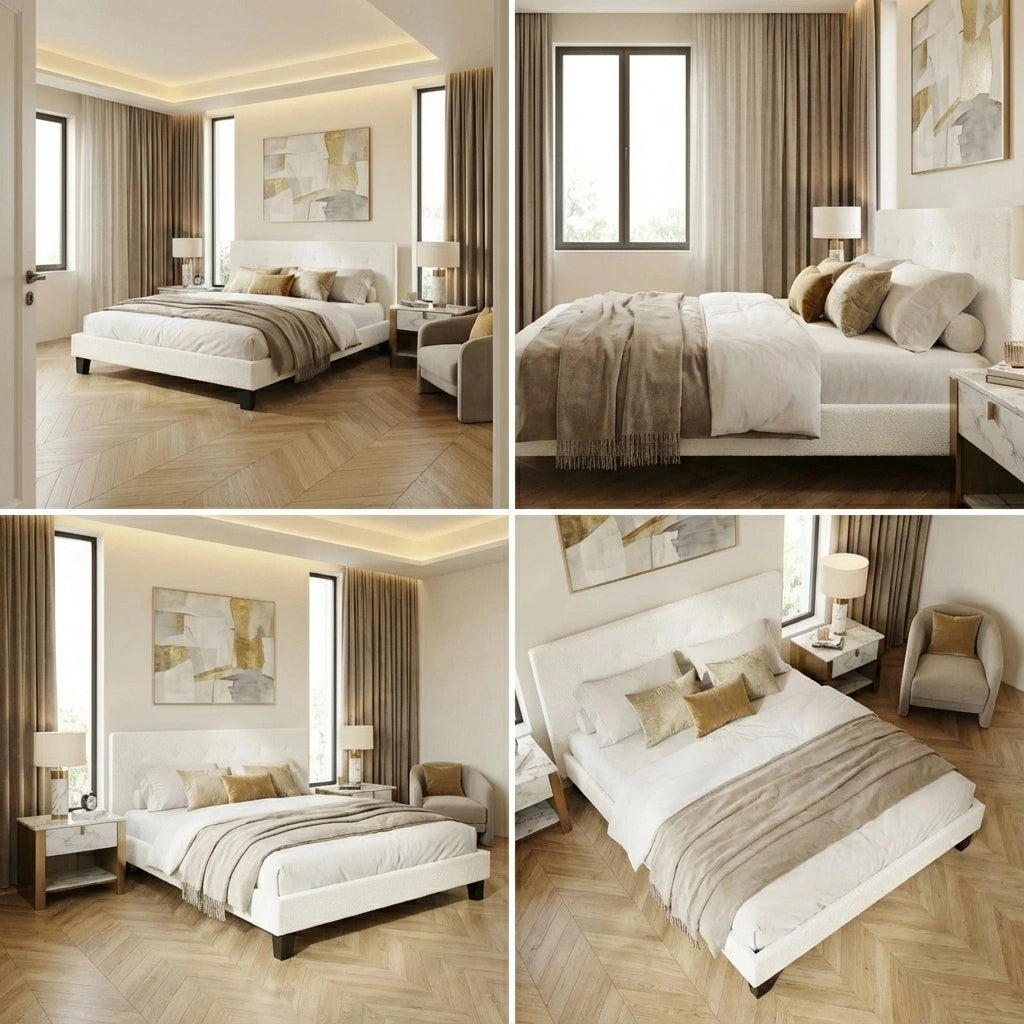 Teddy Luxe Soft Boucle Fabric Tuffted White Bed | Cushioned White Upholstered Tuffted Design Boucle Bed Frame