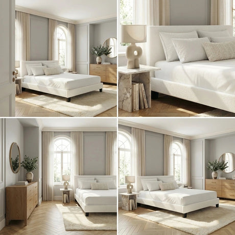 Teddy Soft Boucle Fabric White Bed | Modern Cushioned Touch White Upholstered Boucle Bed Frame