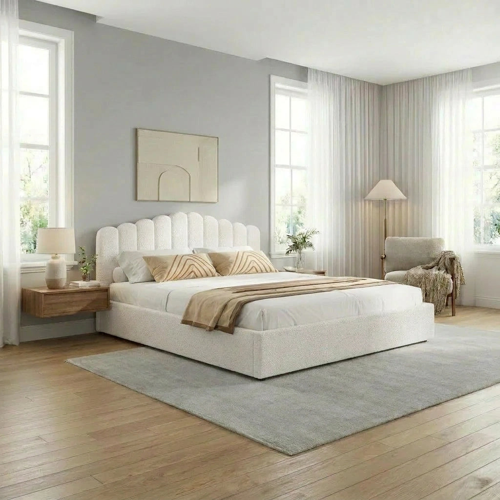 Teddy Ripple Boucle Fabric Gas Lift Storage Bed Frame | Luxe Fabric Gas Lift Modern Bed