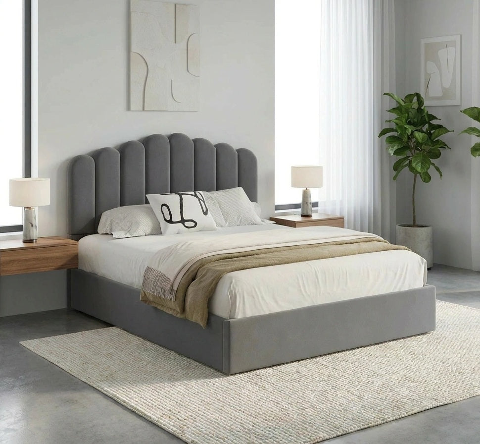 Allure Ripple Grey Soft Velvet Fabric Gas Lift Storage Bed | Two In One Bed and Storage Combo Bed Frame