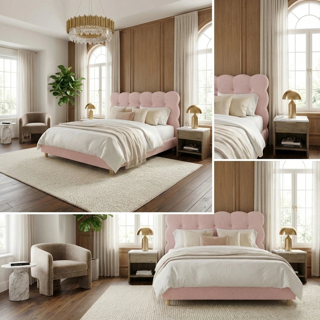 Millie Tuffted Pink Clouds Soft Boucle Fabric Bed | Cushioned Touch Pink Upholstered Boucle Bed Frame