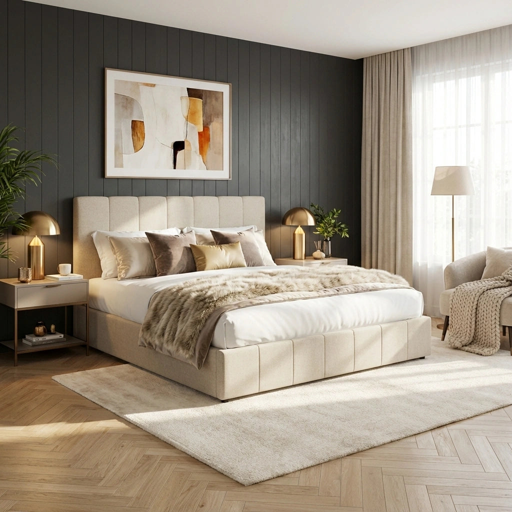 Premium Milano Beige Soft Fabric Gas Lift Storage Bed | Two In One Bed and Storage Combo Bed Frame