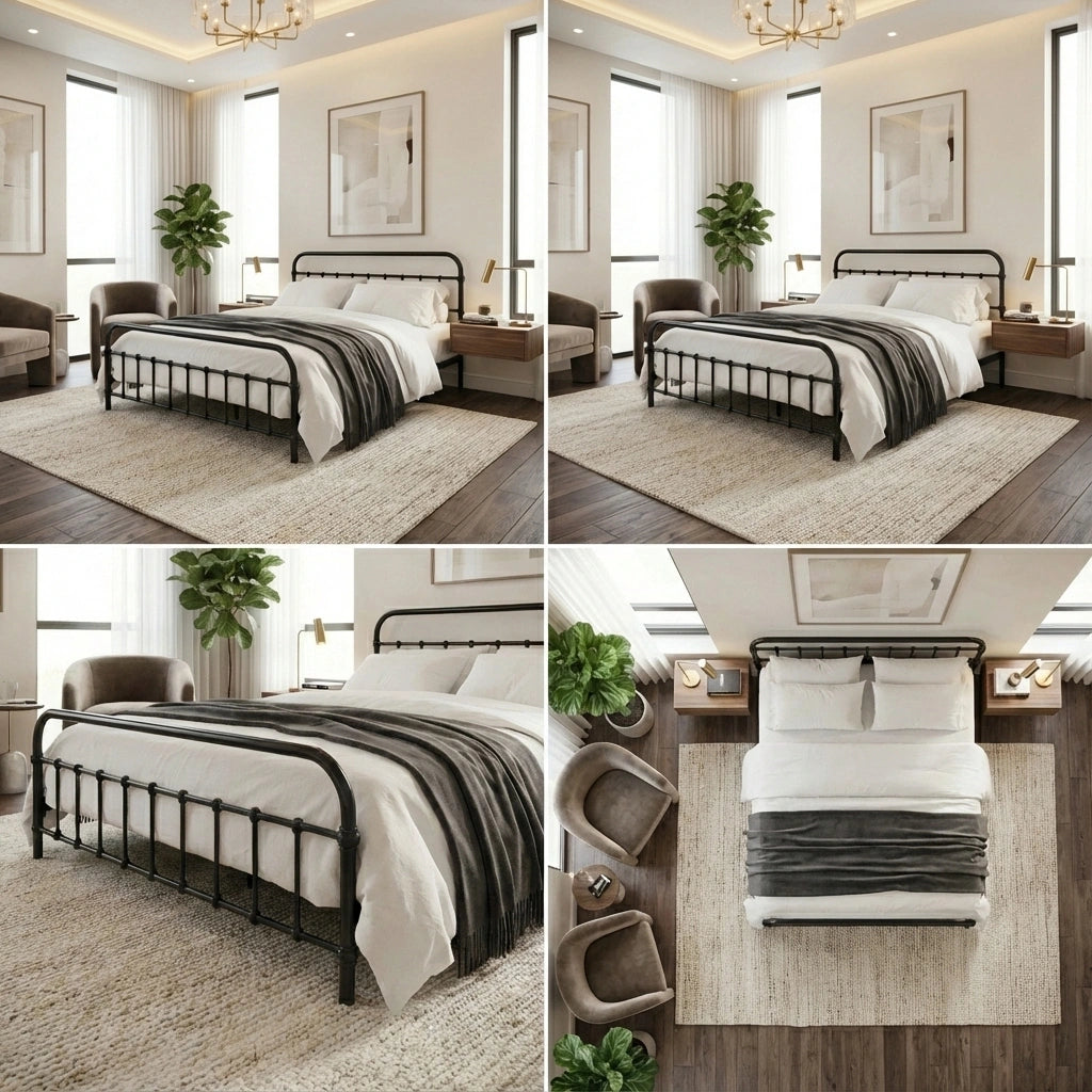 Alcantra Modern Full Metal Extra Strong Bed Frame | Sturdy Metal Designer Bed in Black