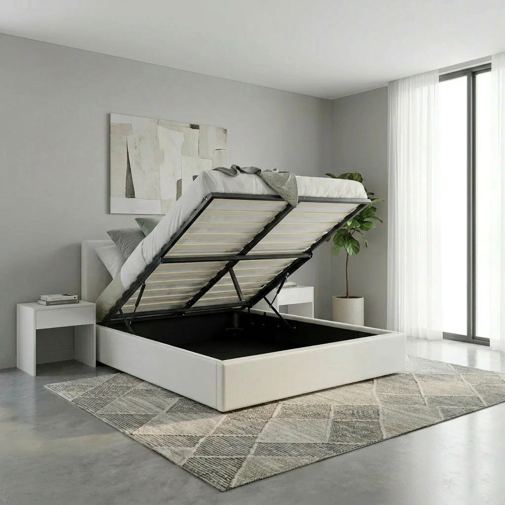 Premium Allure White PU Leather Gas Lift Storage Bed | Two In One Bed and Storage Combo Modern Design