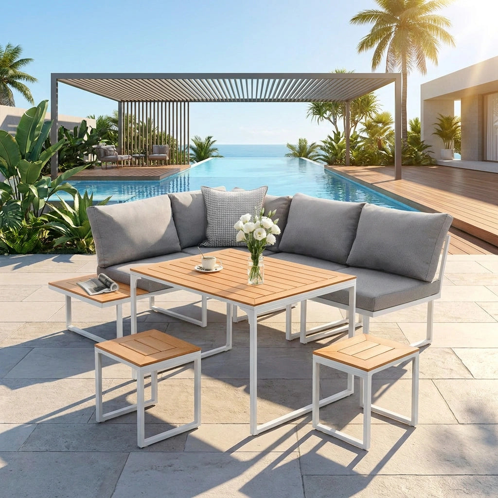 Bolero Amalfi 6 Seater Cushioned Outdoor Lounge Set with Table | Modern Metal Wood Soft Cushion Outdoor Dining Sofa Set