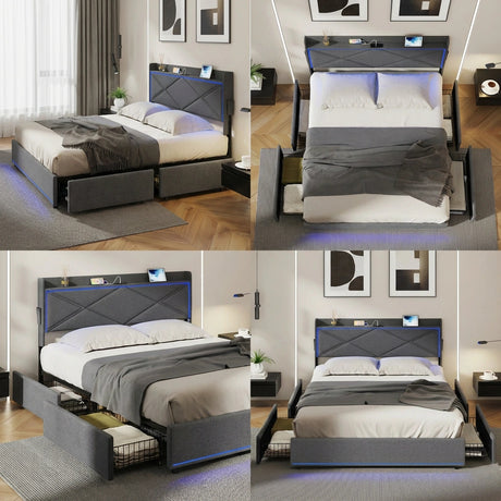 Sierra LED Storage Bed with USB Charging | Grey Fabric Storage LED Lights Bed 4 Draws