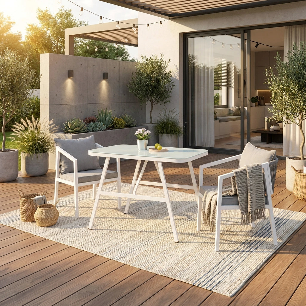 Alluro White 3pc Marble Style Table and Chair Outdoor Set | Soft Cushioned Chairs and Table Patio Furniture Set