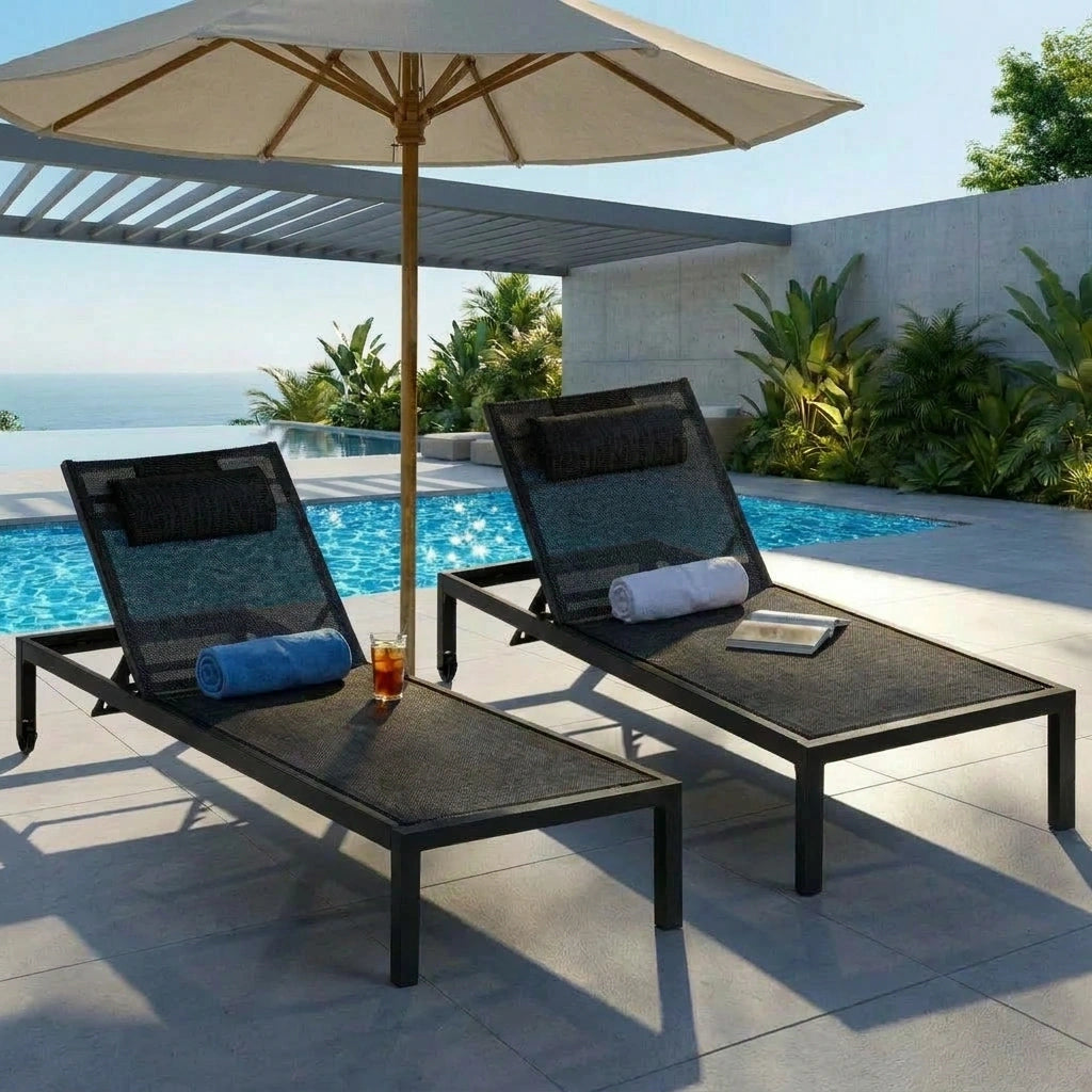 Positano Adjustable Aluminium Siesta Sun Lounge |Black Outdoor Pool Lounger Day Bed With Moveable Wheels