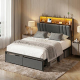 Coogee LED Storage Bed with USB Charging | Premium Grey Fabric LED Lights Bed Metal Frame Front Draws