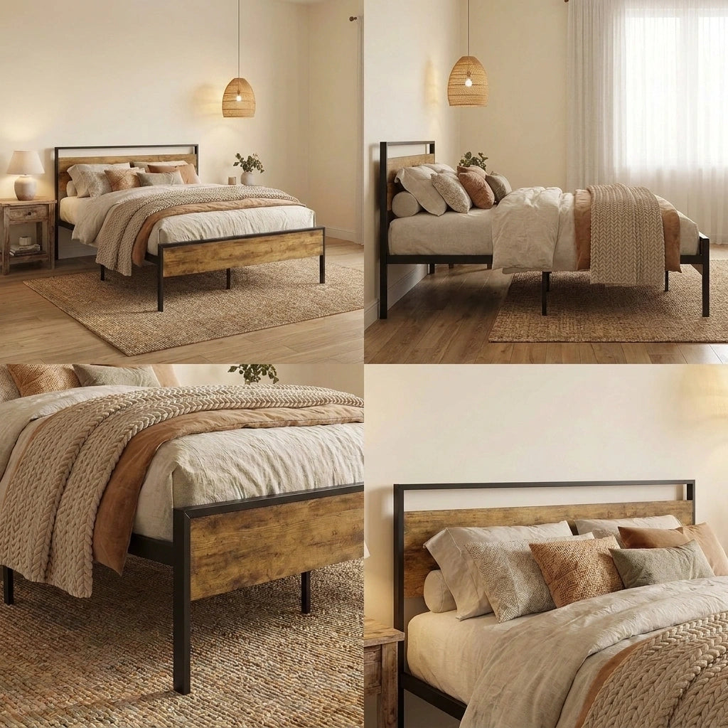 Aurelius Rustic Metal and Wood Bed | Strong Steel Support Platform Bed Frame