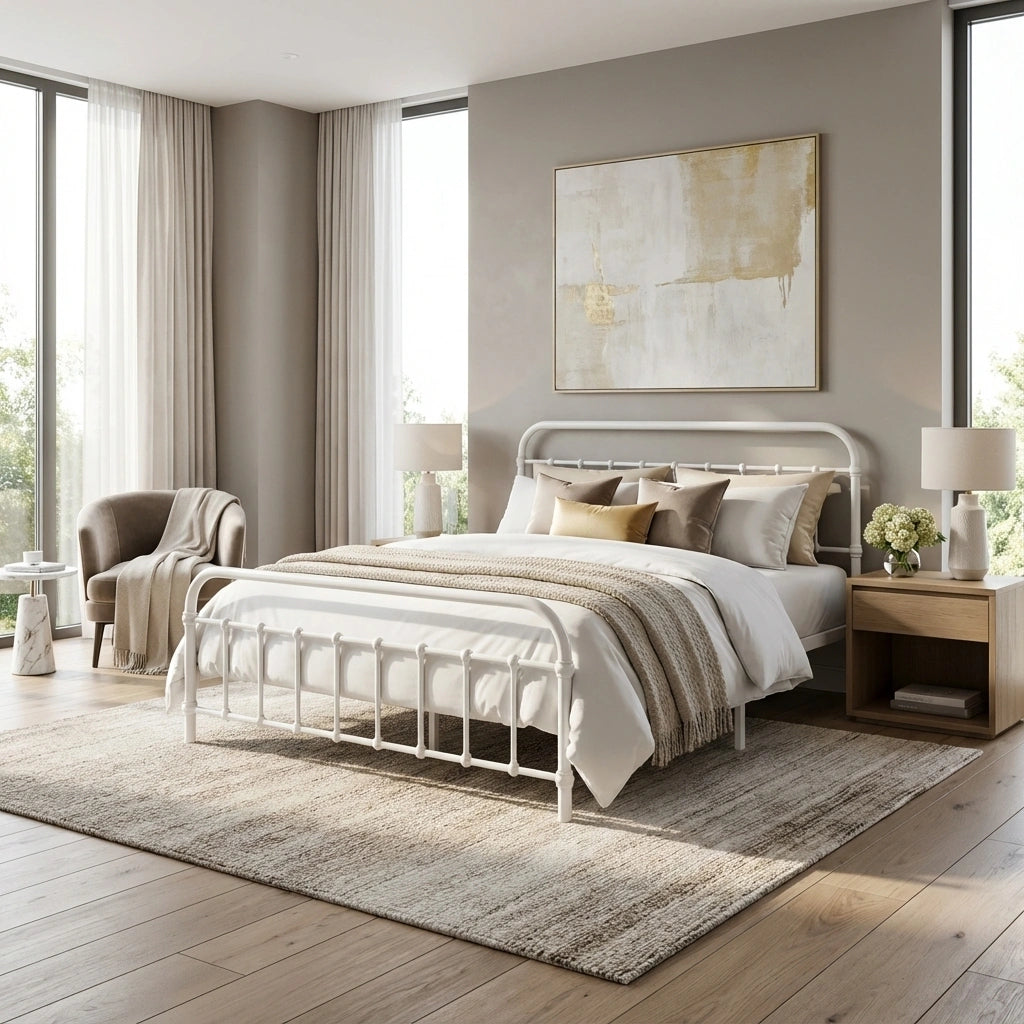 Alcantra Modern Full Metal Extra Strong Bed Frame | Sturdy Metal Designer Vintage Bed in White