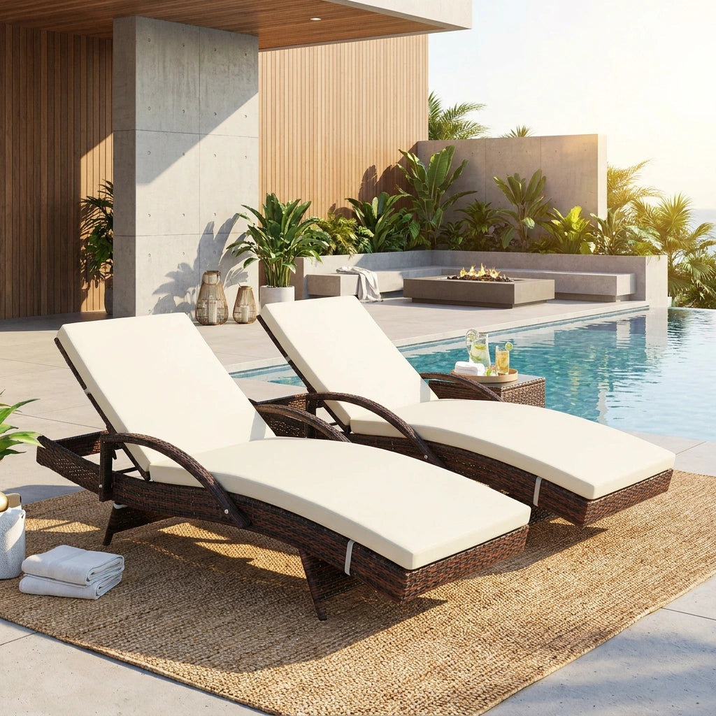 Amore Aquos Outdoor Cushioned Wicker Pool Loungers | Modern Adjustable Rattan Quality Day Bed Sun Loungers