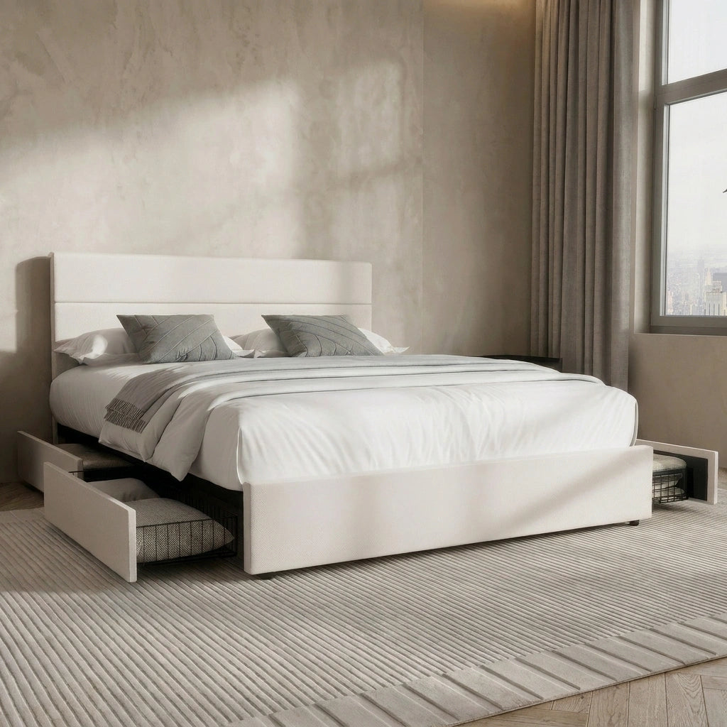 Kensington Padded Fabric Beige Bed | Cushioned Upholstered Luxe Fabric Bed Frame