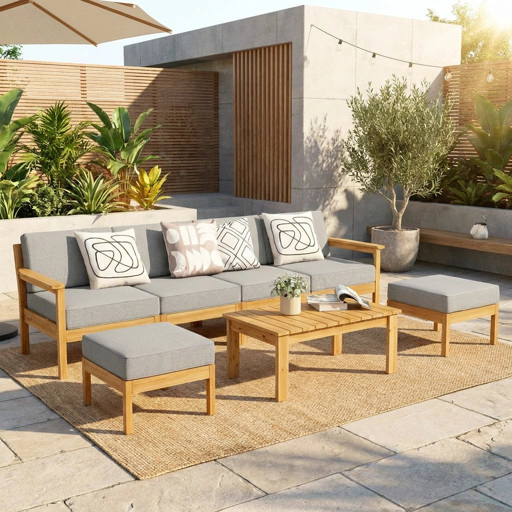 Playa Bonita Wooden Outdoor Lounge Set | Flexi Layout Modern Outdoor Patio Furniture Set