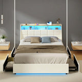 Amaro Beige LED Storage Bed with USB Charging | Fabric Headboard Storage LED Lights Bed Frame