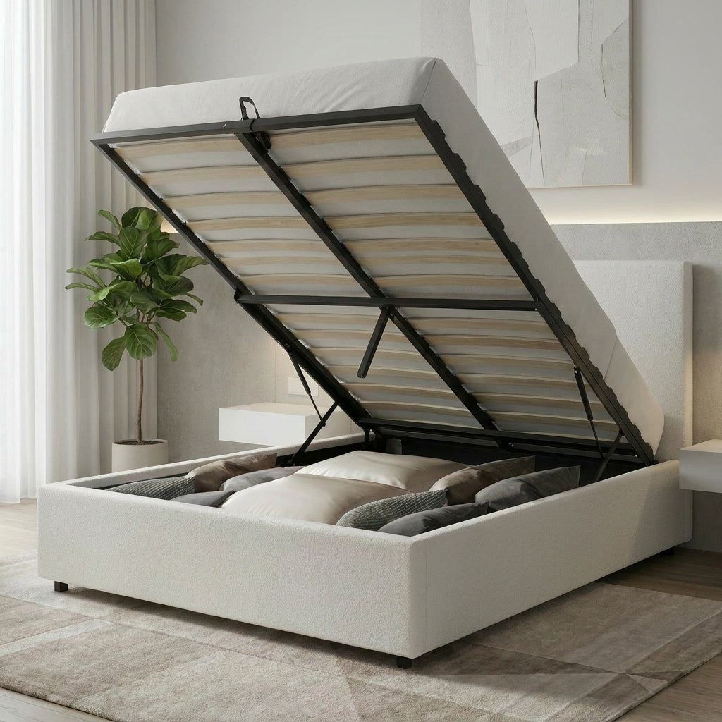 Premium Milano White Boucle Fabric Gas Lift Storage Bed | Two In One Bed and Storage Combo