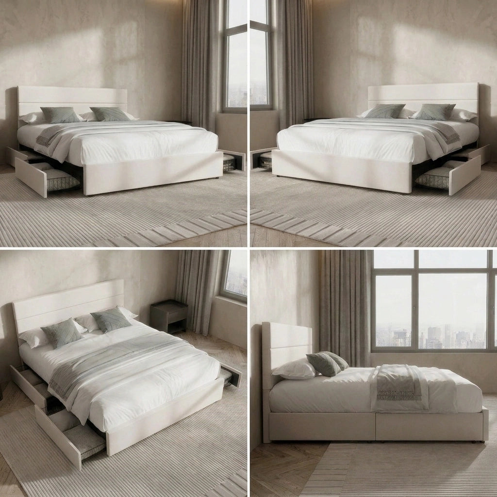 Kensington Padded Fabric Beige Bed | Cushioned Upholstered Luxe Fabric Bed Frame