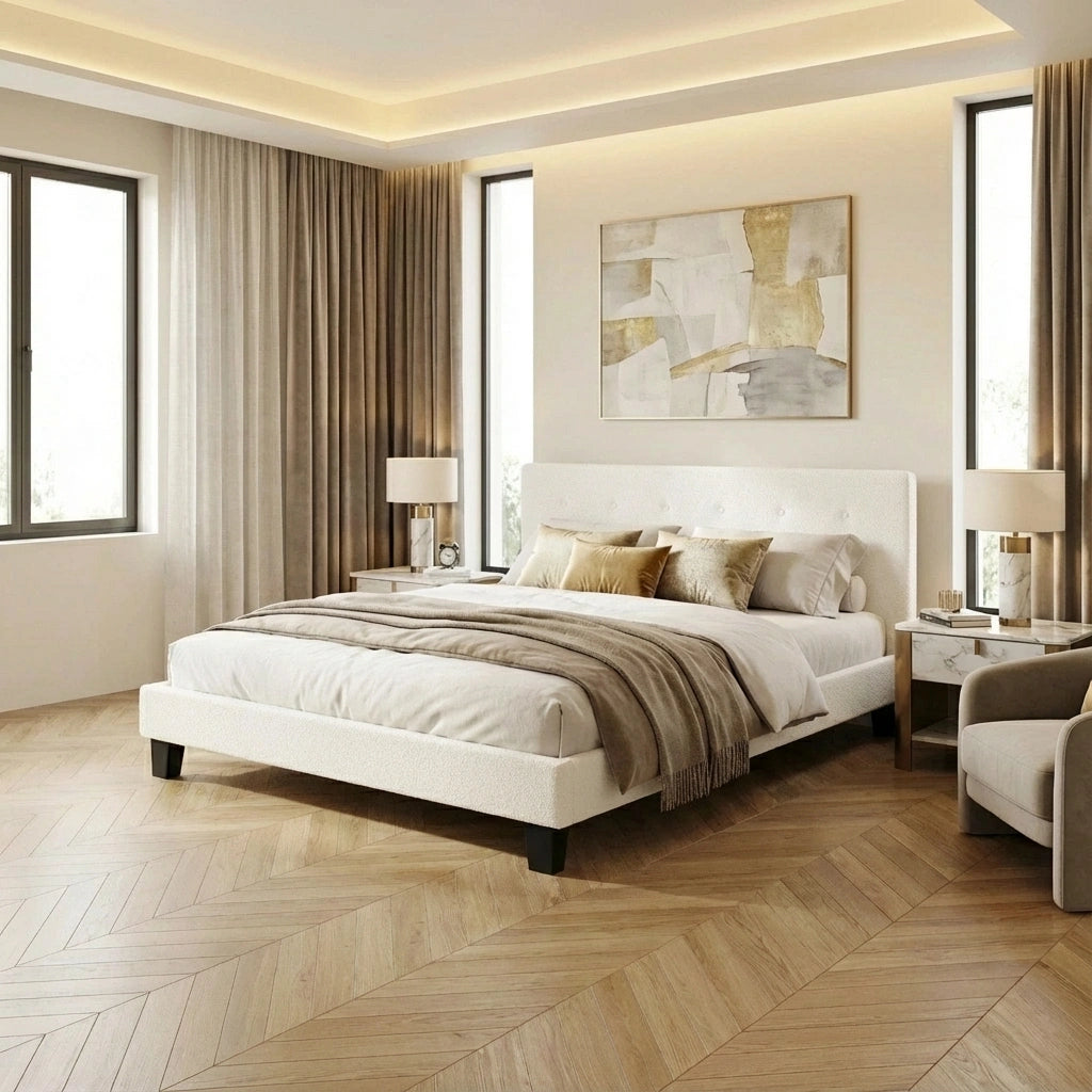 Teddy Luxe Soft Boucle Fabric Tuffted White Bed | Cushioned White Upholstered Tuffted Design Boucle Bed Frame