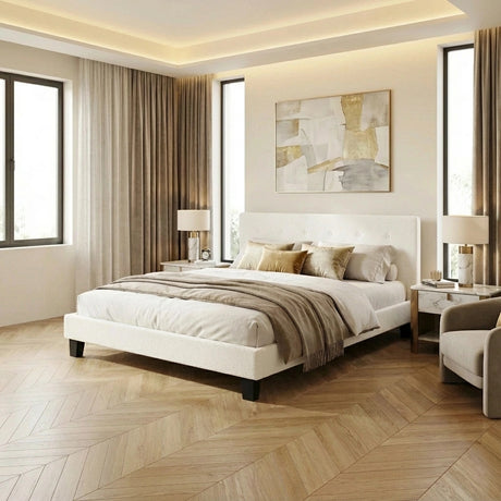 Teddy Luxe Soft Boucle Fabric Tuffted White Bed | Cushioned White Upholstered Tuffted Design Boucle Bed Frame