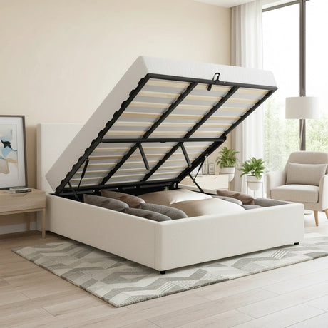 Premium Milano White Boucle Fabric Gas Lift Storage Bed | Two In One Bed and Storage Combo