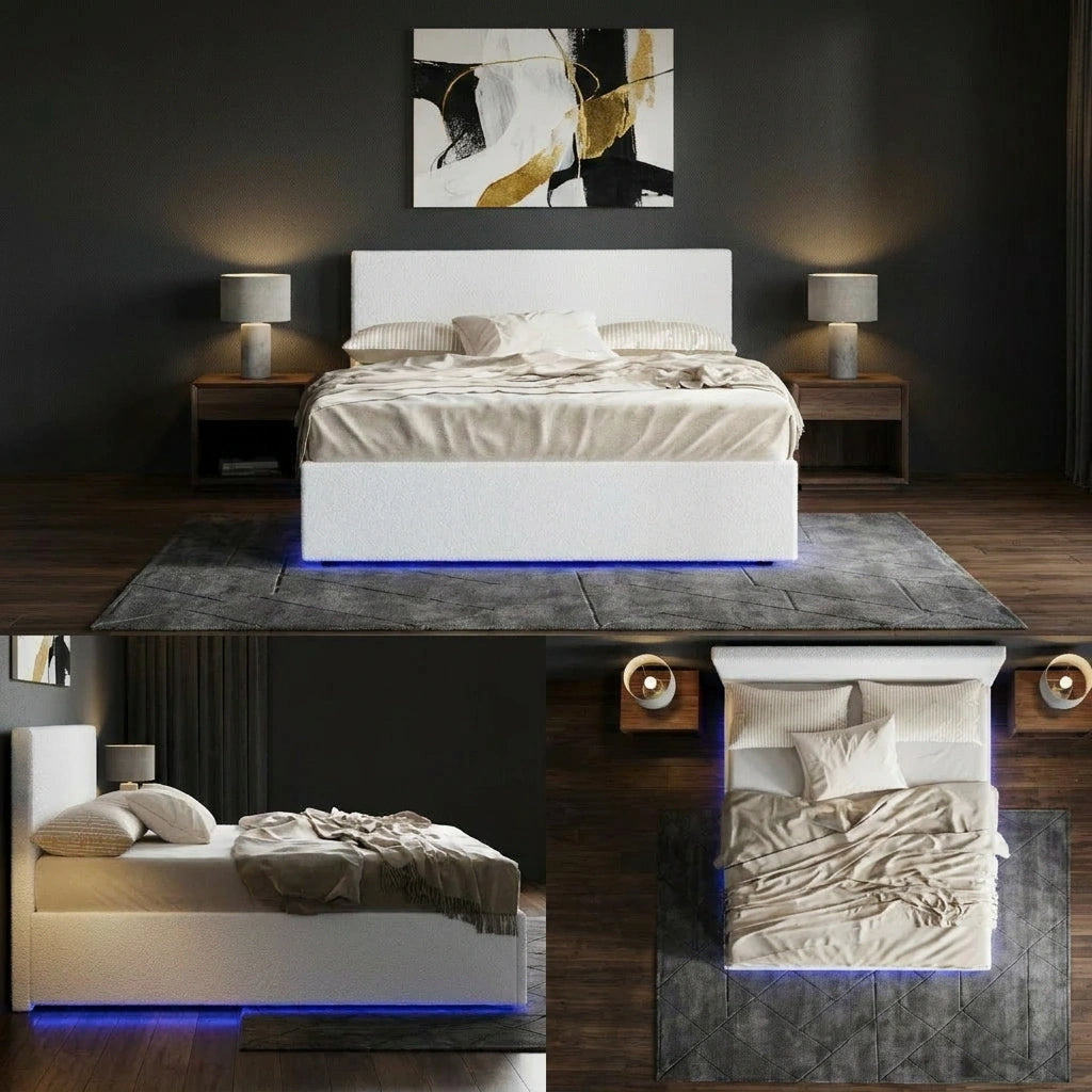 Premium Milano LED White Boucle Fabric Gas Lift Storage Bed | Glow Cushioned Two In One Bed and Storage Combo