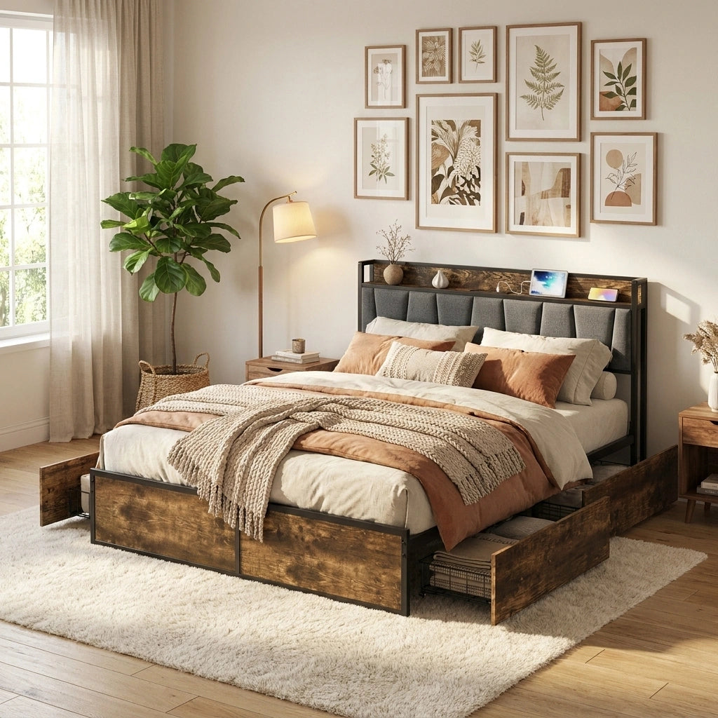 Toorak Wood Metal Storage Bed with AC USB Charging | Strong Frame Rustic Style Bed w 4 Storage Draws