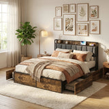 Toorak Wood Metal Storage Bed with AC USB Charging | Strong Frame Rustic Style Bed w 4 Storage Draws