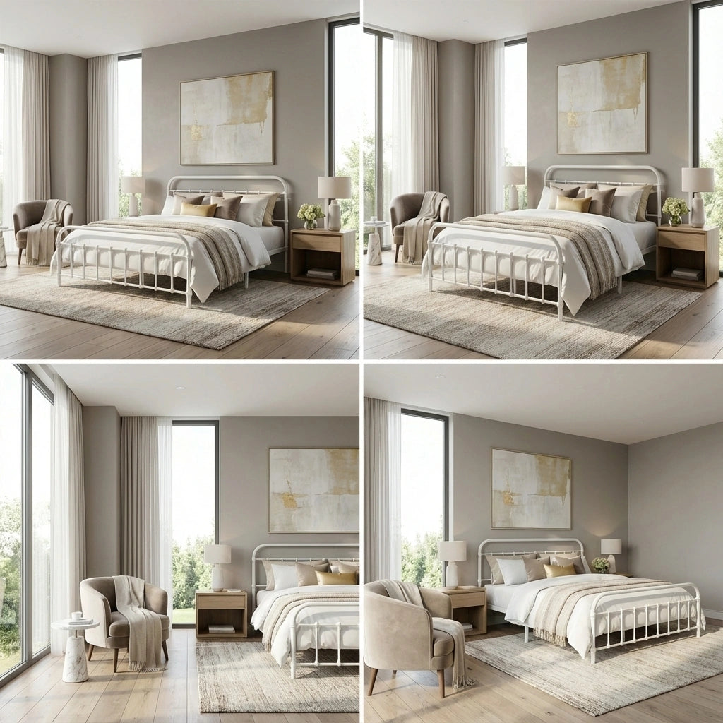 Alcantra Modern Full Metal Extra Strong Bed Frame | Sturdy Metal Designer Vintage Bed in White