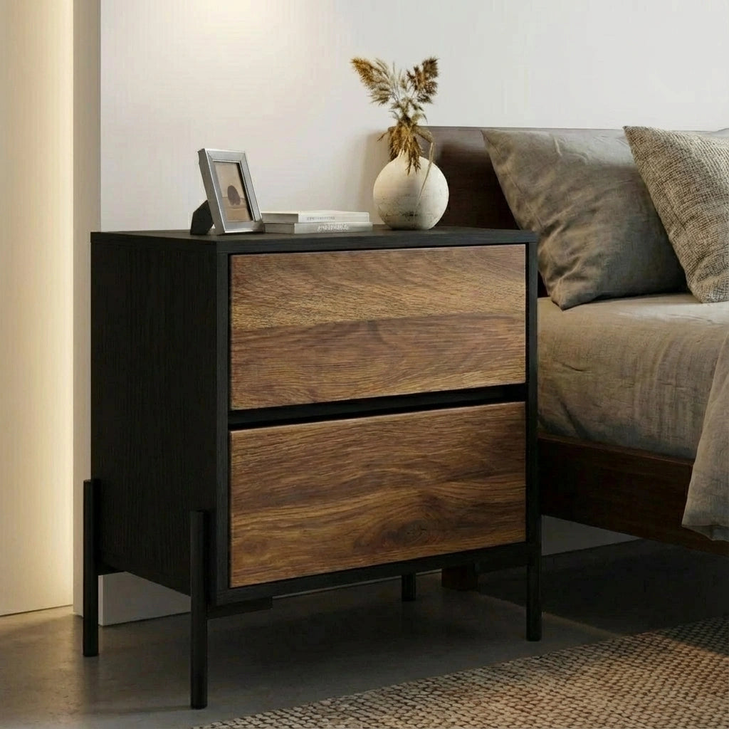 Bellevue Metal and Wood Two Drawer Bedside Table | Industrial Style Bedroom Nightstand