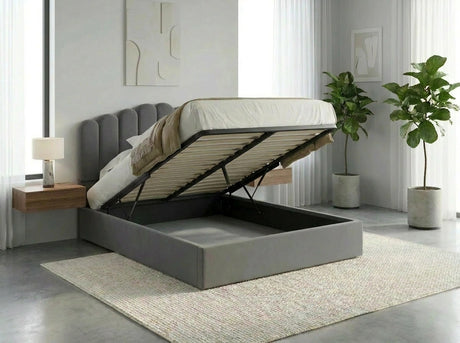 Allure Ripple Grey Soft Velvet Fabric Gas Lift Storage Bed | Two In One Bed and Storage Combo Bed Frame