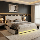 Palazzo LED Storage Bed w USB Charging | Beige Premium Soft Fabric Ambient Lighting Bed Frame