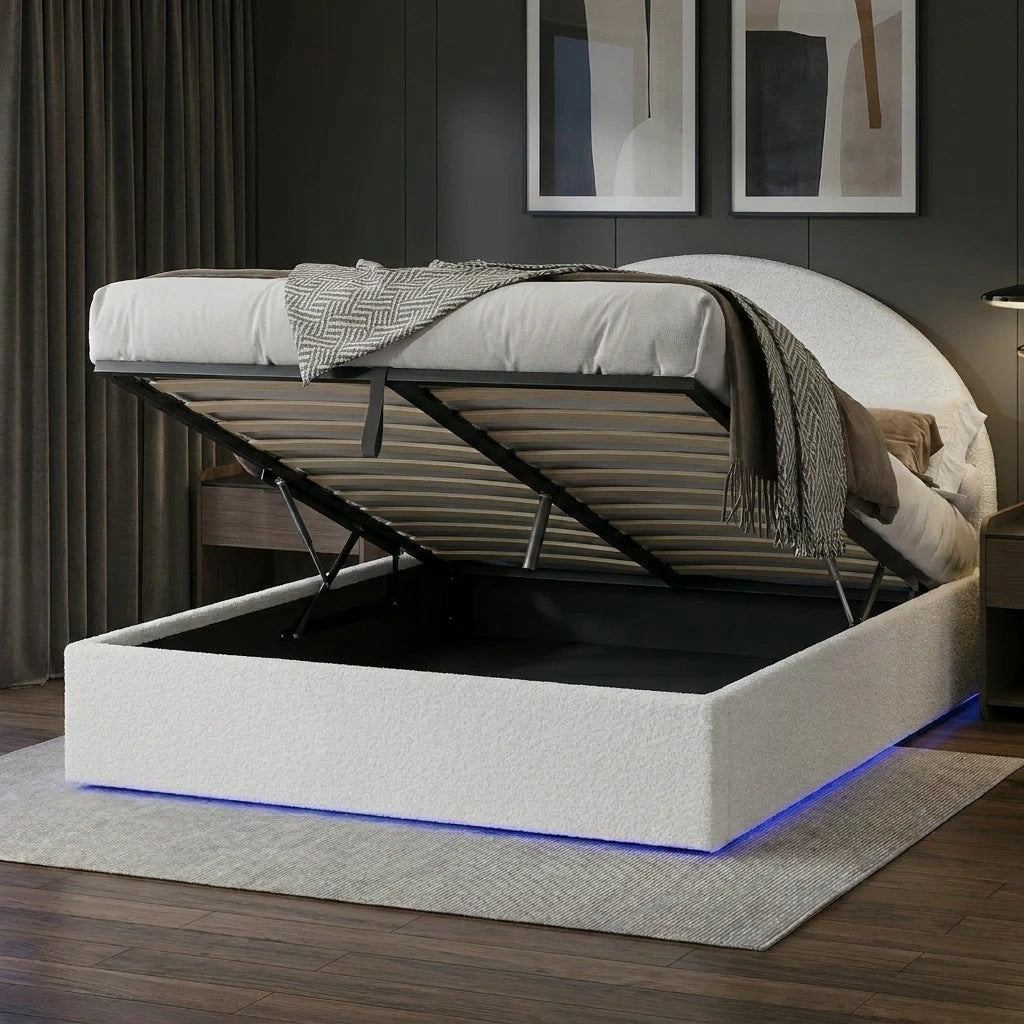 Luna LED White Boucle Gas Lift Storage Bed | Glow Soft Cushioned Arched Boucle Bed Frame