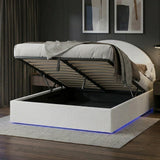 Luna LED White Boucle Gas Lift Storage Bed | Glow Soft Cushioned Arched Boucle Bed Frame