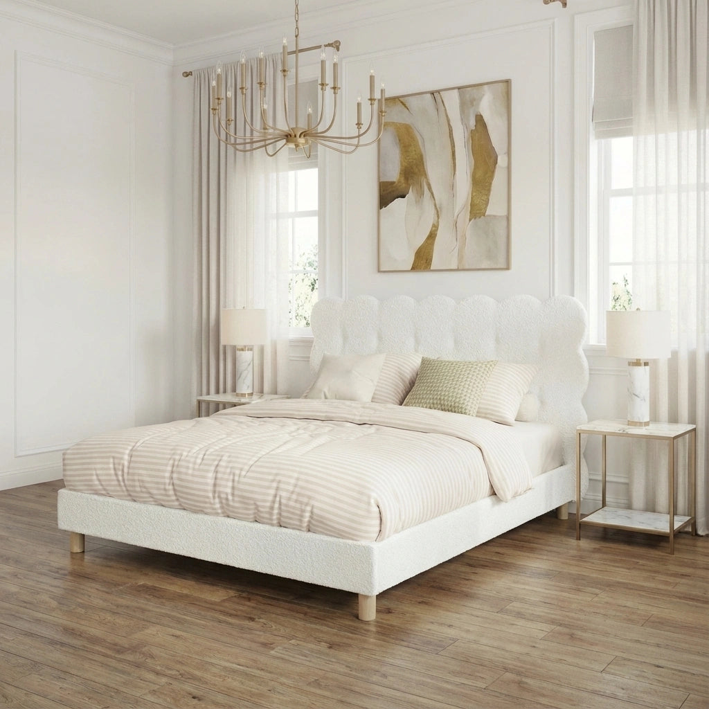 Millie Tuffted Clouds Soft Boucle Fabric White Bed | Cushioned Touch White Upholstered Boucle Bed Frame