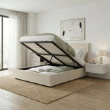 Scandi Luxe Linen Fabric Stud Trim Gas Lift Storage Bed | Premium Upholstered Storage Combo Bed Frame